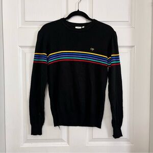 Vintage OP Ocean Pacific Large Black Acrylic Lightweight Sweater Rainbow Stripe